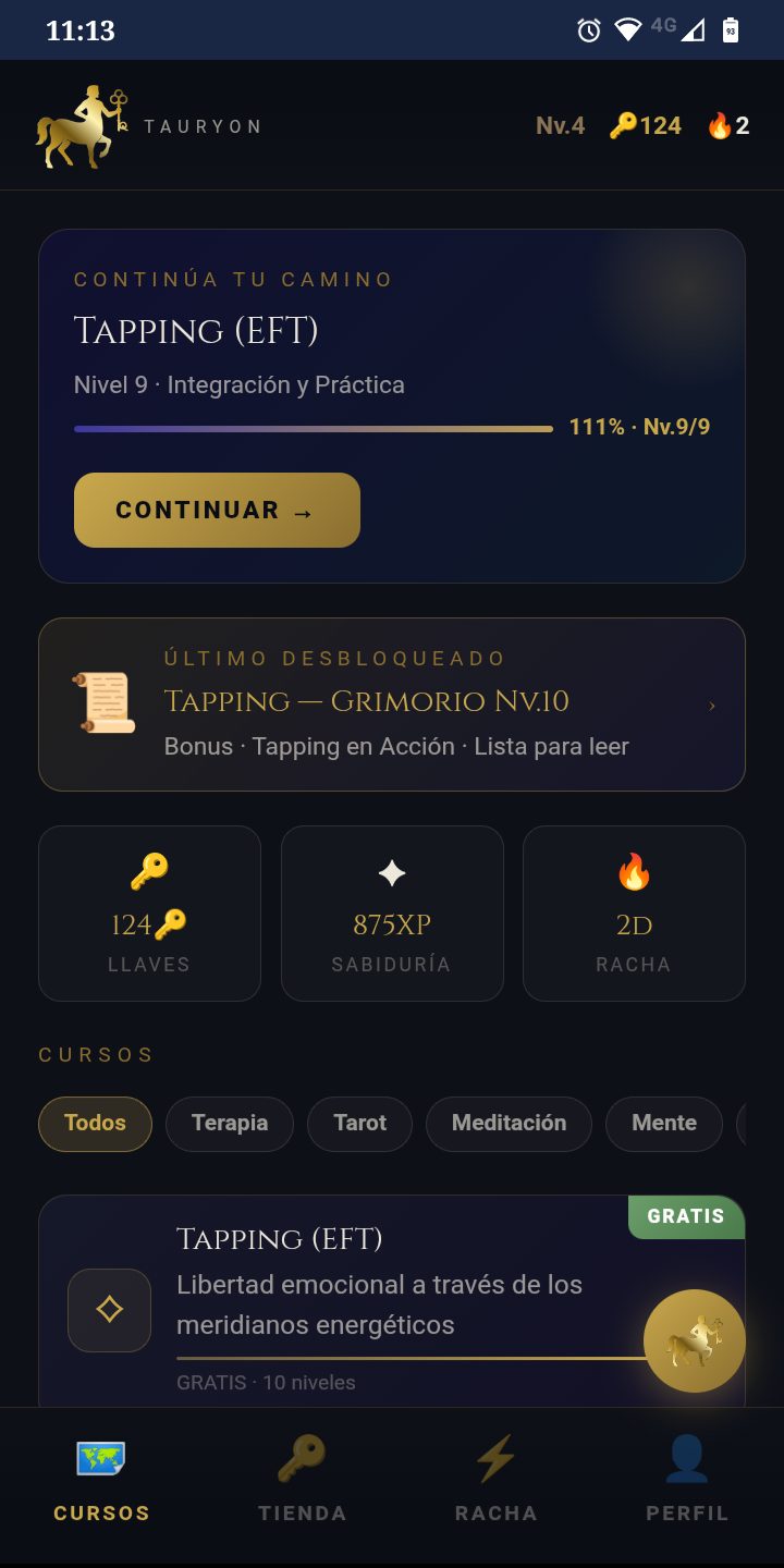 Pantalla principal de Tauryon con progreso del curso, Llaves y racha diaria